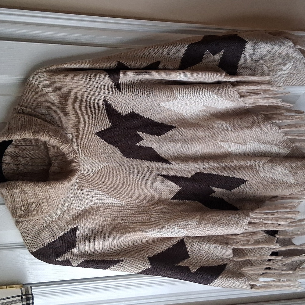 Cowl Neck Southwestern Tribal Poncho Sweater Cape With Tassles